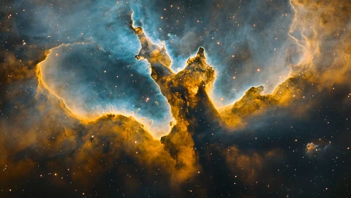 Nebula titan crowned in teal fire and molten starlight haze.