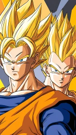 Two spiky haired anime warriors stare forward with intensity