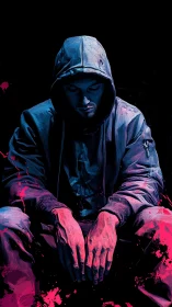 Hooded figure in neon shadows with vivid magenta splashes.