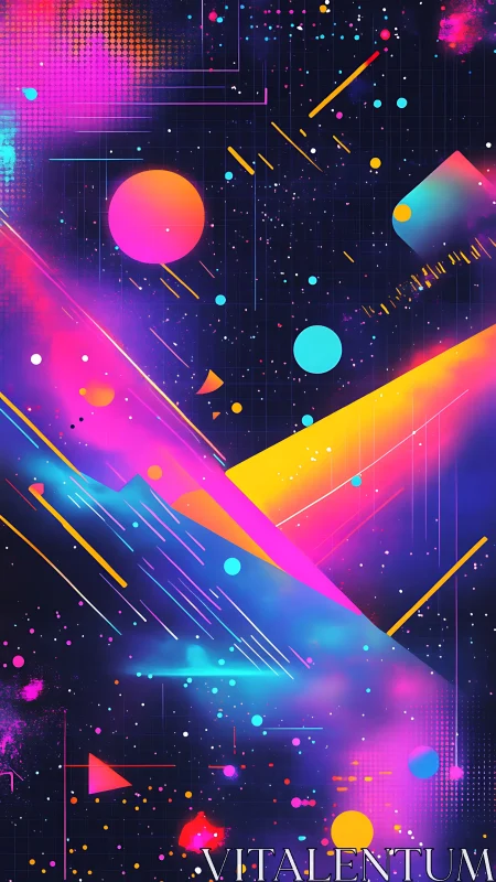 Neon geometric shapes intersect over dark starfield background