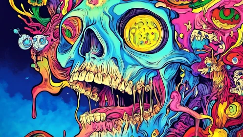 Psychedelic skull erupts in neon chaos and surreal cosmic color