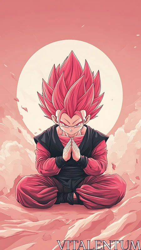 Meditative warrior figure with spiked hair before full moon.