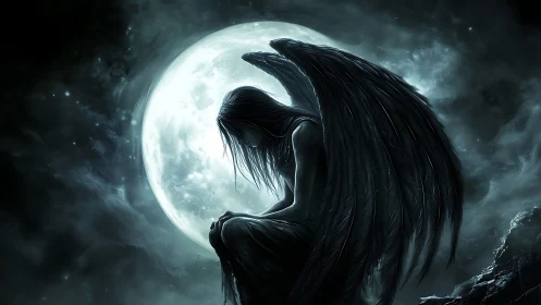 Fallen dark angel silhouetted against luminous full moon