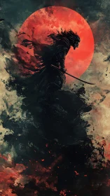 Shadow ronin stalks beneath a raging blood-red moon.