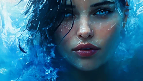 Blue gaze rising through water, a calm electric presence.