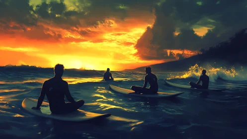 Surfers sit on boards watching intense sunset over ocean
