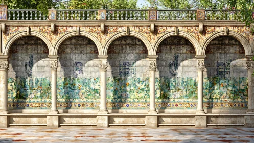 Sunlit stone arcade with aged decorative tiled wall.