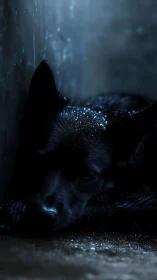 Black dog rests in dim blue light after a quiet rainfall