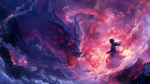 Sword-wielding figure confronting dragon in swirling clouds.