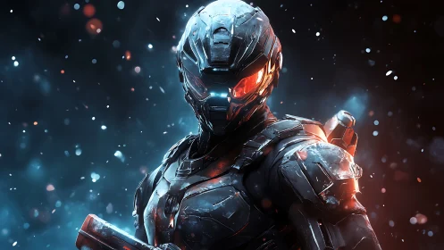 Ember-eyed space trooper strides through fractured starlight.