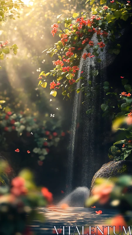 Sunlit forest waterfall framed by vivid red blossoms.