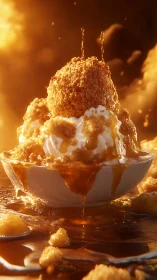 Photoreal dessert cascade with molten caramel pour styling.