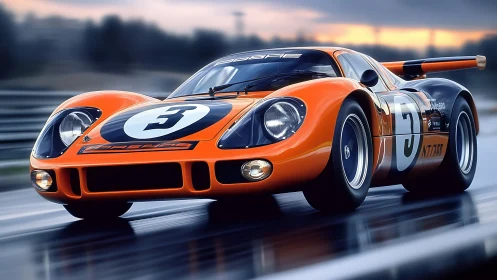 Orange race car on wet track at speed during dusk light.