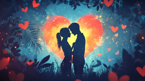 Silhouetted Couple with Glowing Heart-Shaped Aura and Luminous Bokeh