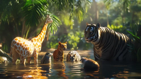 Large animals drinking at river in dense jungle clearing with palm trees.