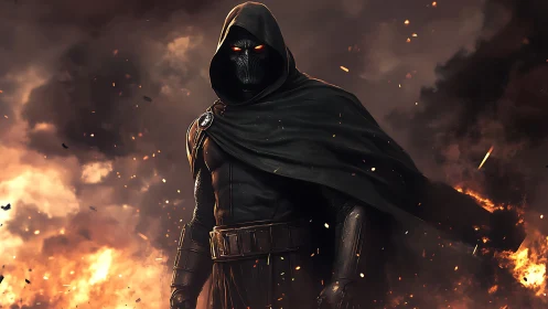 Hooded dark warrior stands in blazing, ember filled inferno