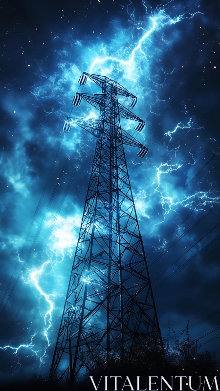 Power transmission tower rises through blazing electric storm