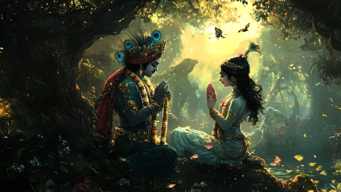 Forest shrine of luminous lovers in golden devotion.
