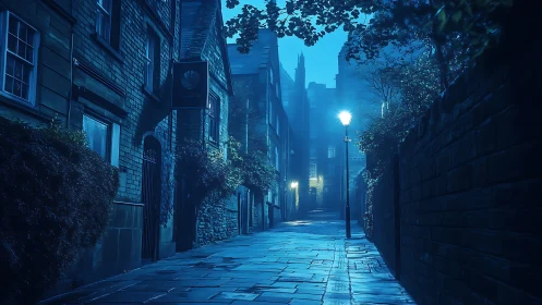 Cobblestone alleyway with blue lighting and street lamps.
