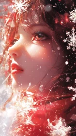 Winter dreamer gazes upward as swirling snowflakes glow