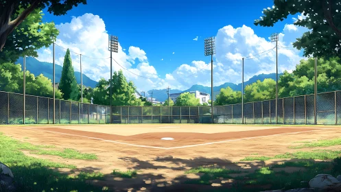 Empty baseball infield with fenced perimeter and distant hills