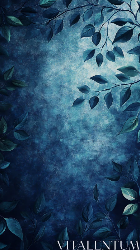 Midnight foliage frames a tranquil textured blue backdrop