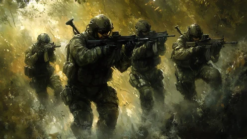 Four tactical infantry operators advance in dense smoke and foliage