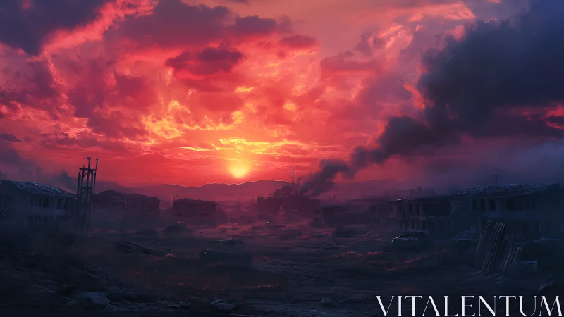 Post-apocalyptic settlement burns under a scarlet sunset sky