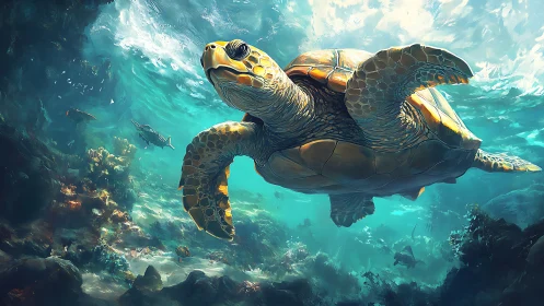 Sunlit sea turtle gliding through vivid coral seascape.