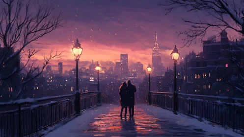 Silhouetted Couple on Snow-Covered Bridge at Dusk.
