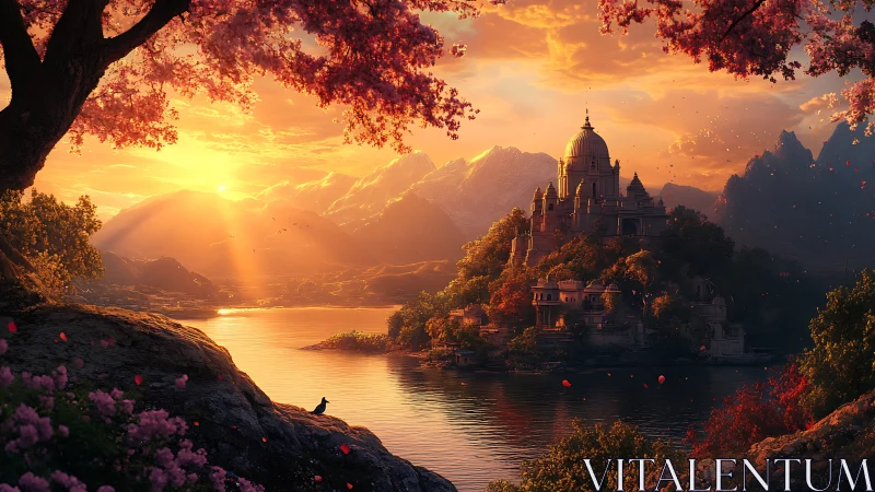 Golden sunset bathes a lakeside fantasy palace in soft light