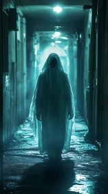 Backlit shrouded figure advances through wet neon corridor