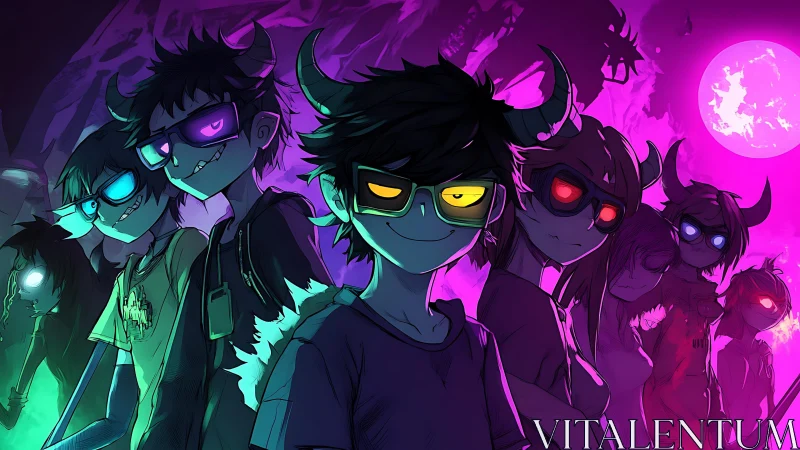 Neon demon teens advance under toxic violet moonlight.