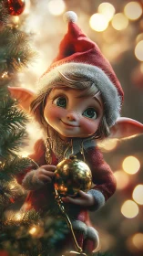 Sparkle-eyed Christmas elf cradling golden tree bauble.
