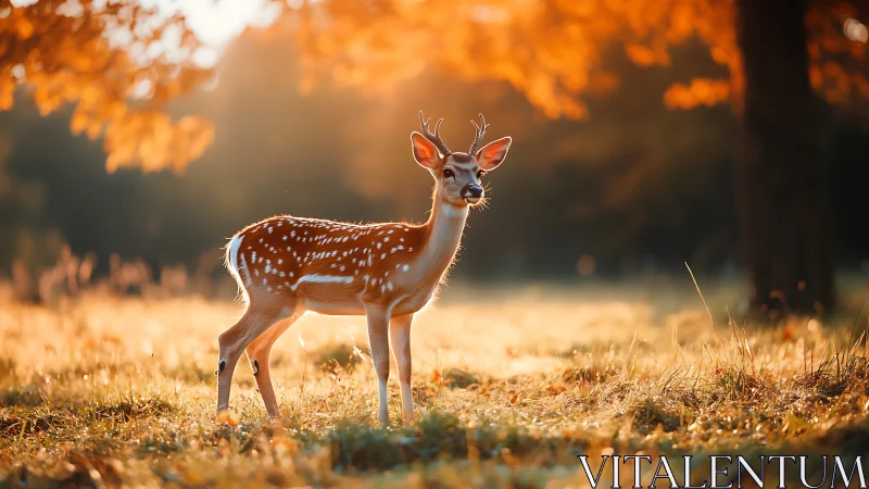 Backlit young deer stands alert in sunlit autumn meadow