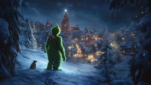 Furry green figure overlooking snowy illuminated village at night