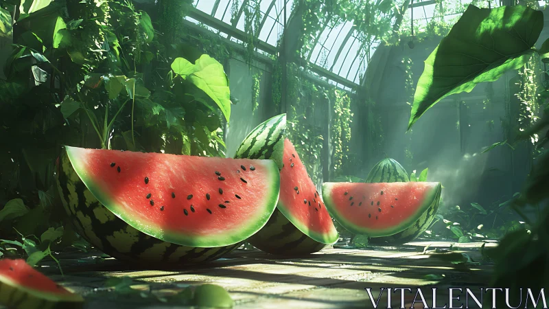 Sunlit watermelon feast in an overgrown glasshouse dreamscape.