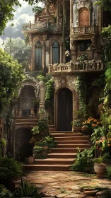 Overgrown stone manor staircase glows in secret garden light