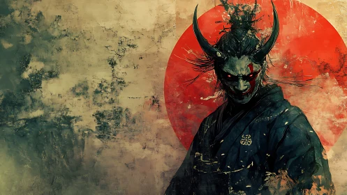 Demonic samurai stands before a blood-red rising sun
