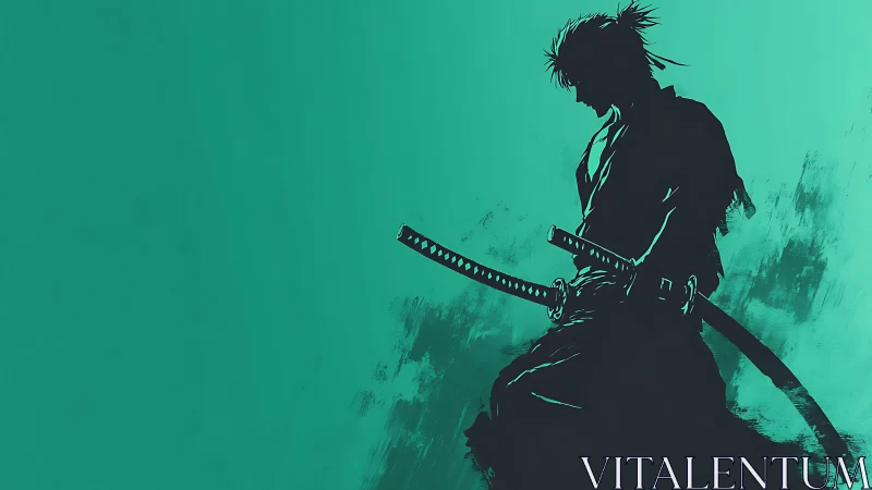 Silhouetted swordsman with twin katanas on teal field.
