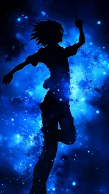Silhouetted runner emerging through glowing cosmic blue field.