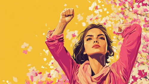 Confident Woman in Pink Surrounded by Blossoms, Digital Art Style.