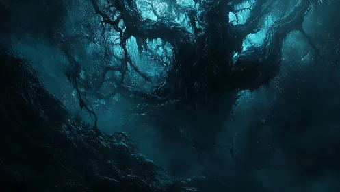 Twisted abyssal tree emerging in eerie teal fogscape.
