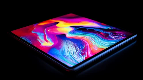 Tablet with vivid abstract display on black background.