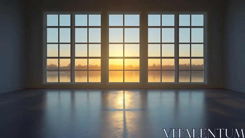 Empty room with large grid windows facing calm sunrise.