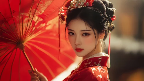 Portrait analyzes ornate hanfu, parasol geometry and bokeh depth