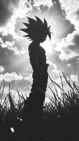 Backlit spiky-haired warrior silhouette in high-contrast field.