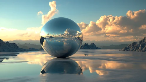 Chrome sphere on reflective lake in quiet mountain sunset.