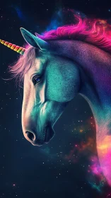 Neon-lit unicorn portrait rendered in cosmic digital luminosity