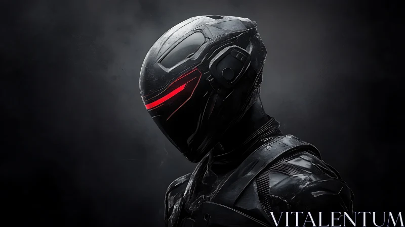 Midnight combat sentinel with razor-red visor glow.